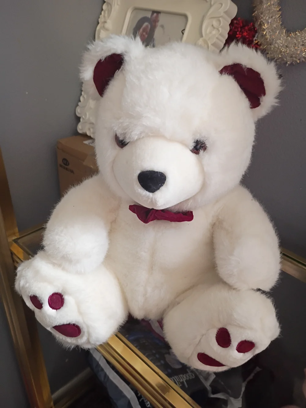 White Plush Teddy Bear with Burgundy Accents - Soft Stuffed Animal